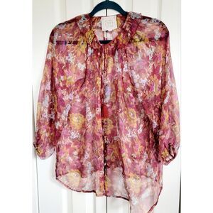 Johnny Was Jade XS "Micah" 100% Silk Peasant‎ Blouse Sheer Maroon LS Floral